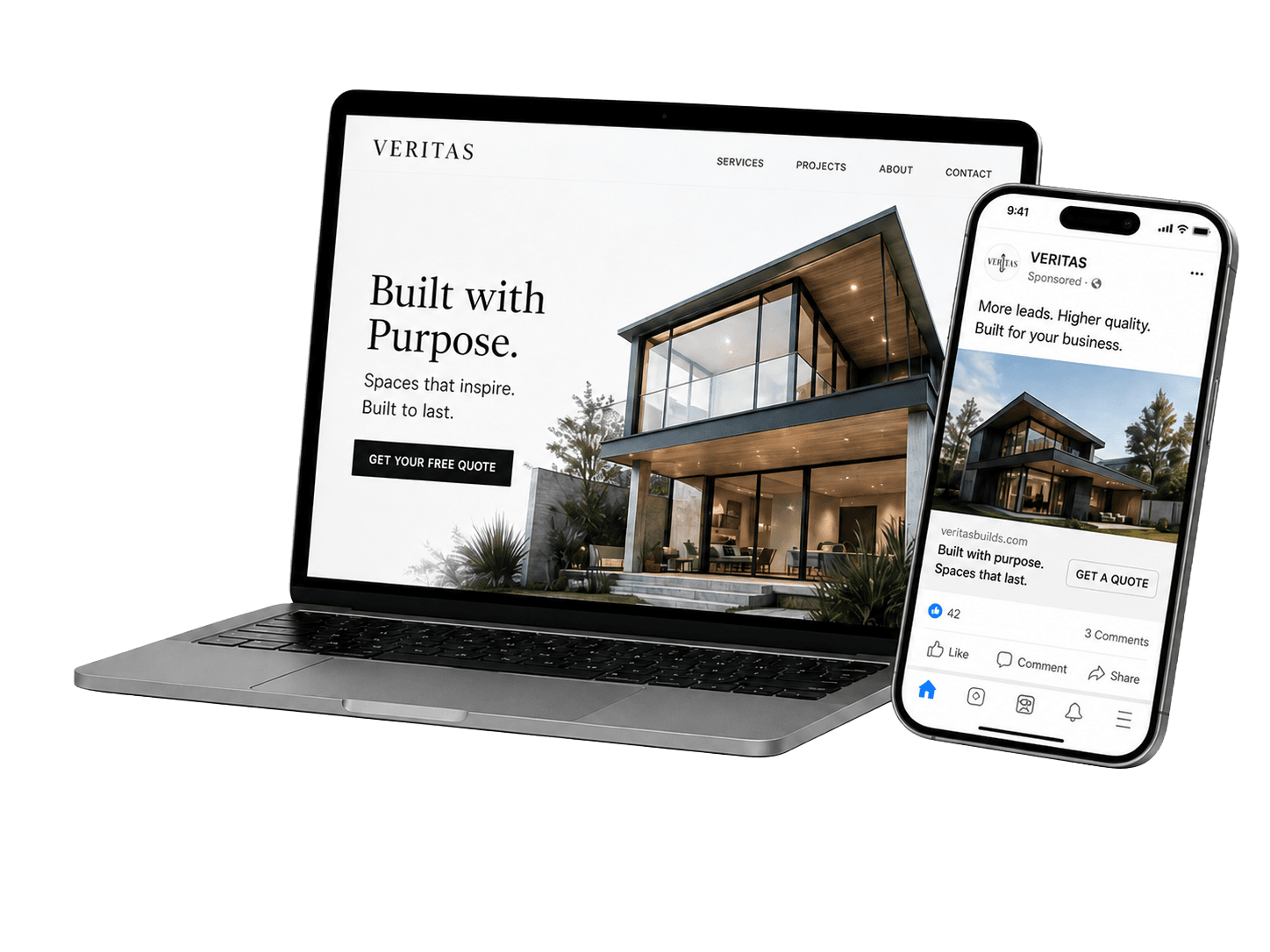 Premium website on laptop with Meta ad on phone — built by Ad Impact